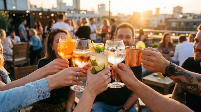 Group of friends toasting cocktails at a rooftop bar during golden sunset, enjoying summer nightlife with city skyline in the background.