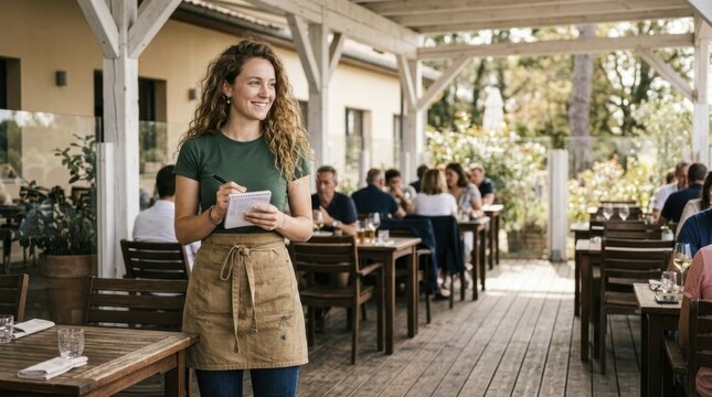 Smiling waitress taking a customer order in an outdoor summer restaurant