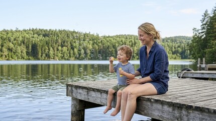 Fototapeta premium Mother and toddler son blowing soap bubbles on a wooden pier by the lake in summer