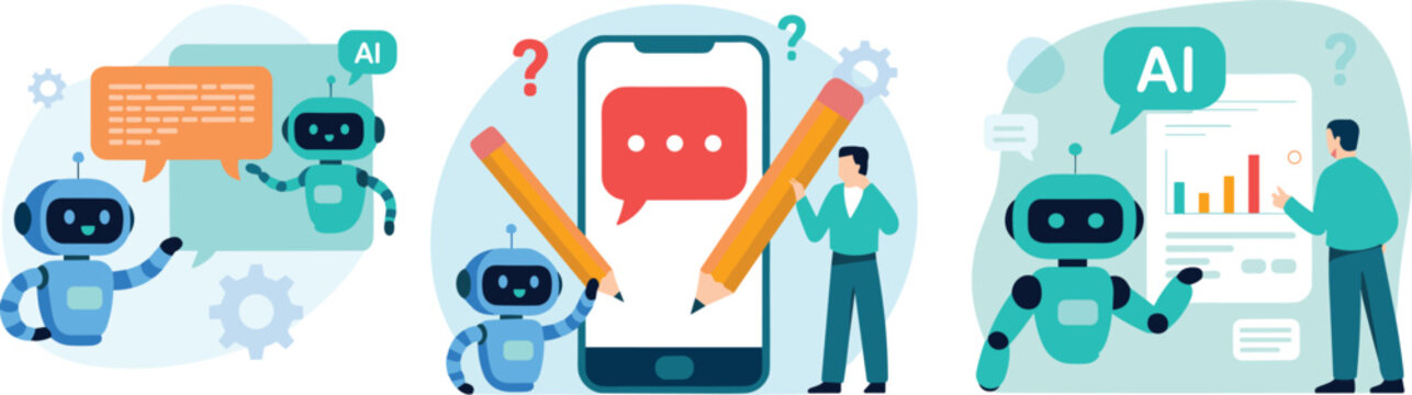 Artificial intelligence robot assistant set featuring chatbot icons mobile phone creative writing and human collaboration for data analysis technology