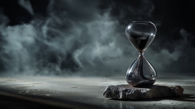 Sleek black hourglass standing on a dark stone surface surrounded by swirling smoke symbolizing the passage of time and inevitable end