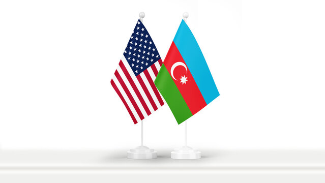 State flags of Azerbaijan and USA, isolated on white background. Concept of official meetings, events and summits on government level.
