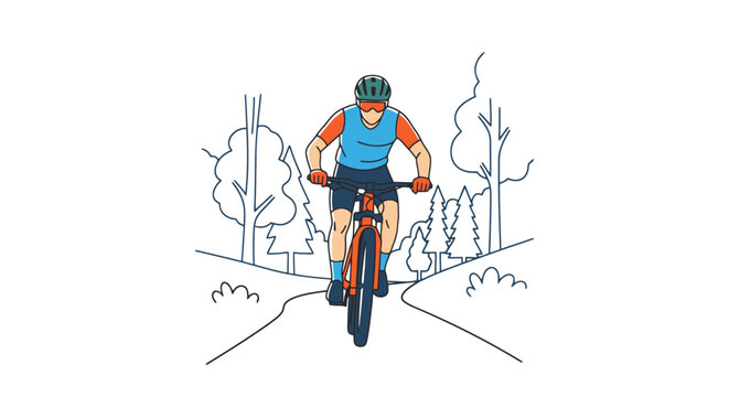 Full body shot of a person riding a bicycle on a winding path through trees enjoying outdoor recreation and a healthy active lifestyle during warm weather conveying motion and adventure