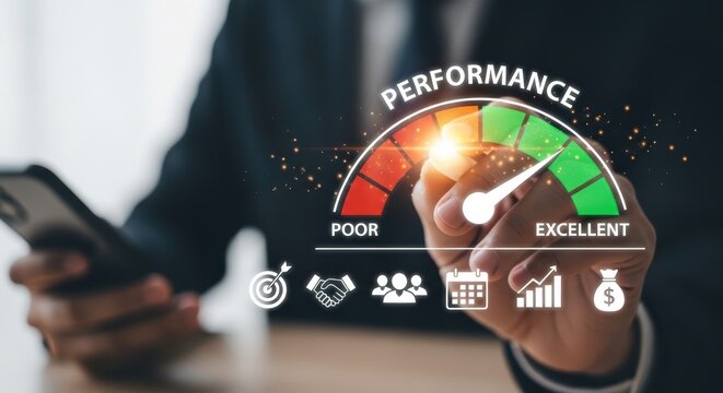A hand points to a performance meter with the needle in the excellent range, surrounded by business icons.