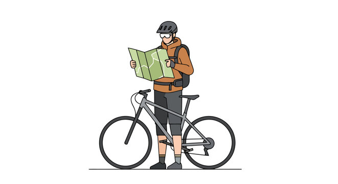 Adventurous person examining a map while standing with their mountain bicycle wearing protective gear for an outdoor expedition planning the next trail RIDER AND BIKE READY FOR CYCLING