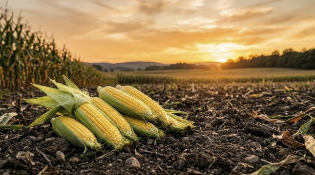 Freshly harvested corn cobs lying on soil in a farm field at sunset