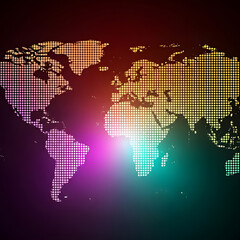 Fototapeta premium Colorful dotted world map with a glowing light effect on a dark background, Square Size