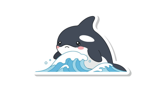 A cartoon orca sticker jumping out of blue waves on a white background with a playful mood.