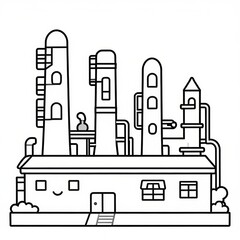 Obraz premium Coloring book style image with black lines white illustrating friendly cartoon refinery night bright