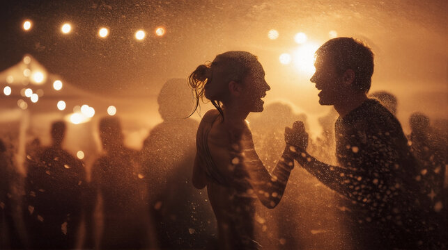 Silhouette of a joyful couple dancing together at an outdoor party with glowing lights and crowd in the background on a rainy night