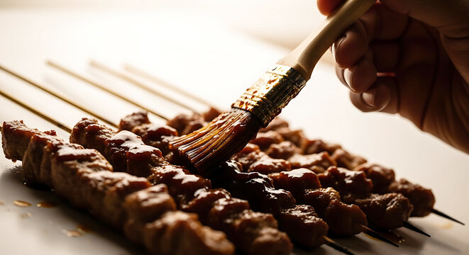 Hand basting delicious grilled meat skewers with a rich brown sauce using a pastry brush