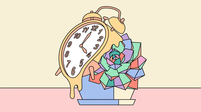 A surreal melting alarm clock illustration featuring a geometric succulent plant in a vibrant flat design style