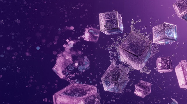 Multiple transparent crystal ice cubes exploding and scattering in purple violet liquid with water droplets on a dark background as beverage art