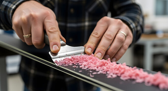 professional ski waxing and maintenance | removing excess wax from downhill skis | ski tuning workshop close up | preparing skis for winter season