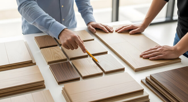 Choosing hardwood floor samples for home renovation | Interior designer helping client select laminate flooring |Professional consultation for modern wood floors |Comparing oak and walnut wood texture
