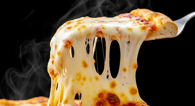 Hot melting cheese stretching from a slice of delicious pizza on a fork