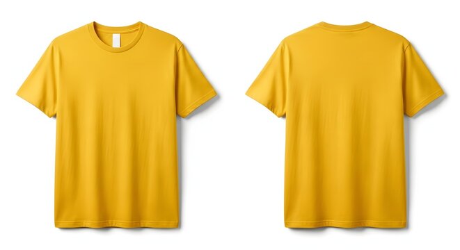 Front and back view of a blank yellow t-shirt on white background.