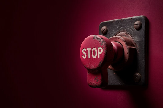 Red vintage stop button on a rusty metal panel mounted on a dark red wall as an industrial emergency halt control switch background