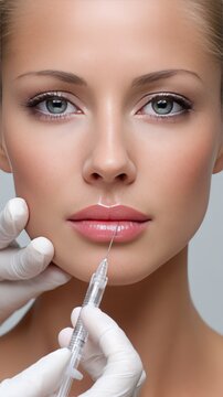 A woman is getting aesthetic treatment with a syringe aimed at her lips in a beauty salon. The focus is on her face and the injection