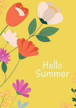 A bright card with abstract wildflowers and the text "Hello Summer". Vector illustration