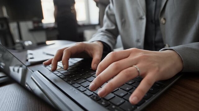 Close up of anonymous woman sitting at desk and working on laptop while her coworker communicating in background