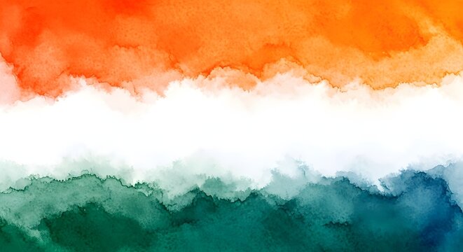 Abstract watercolor background in indian flag colors saffron, white, and green, with a soft artistic texture