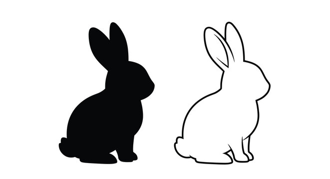 Two Rabbits Black Silhouette And White Outline On White Background