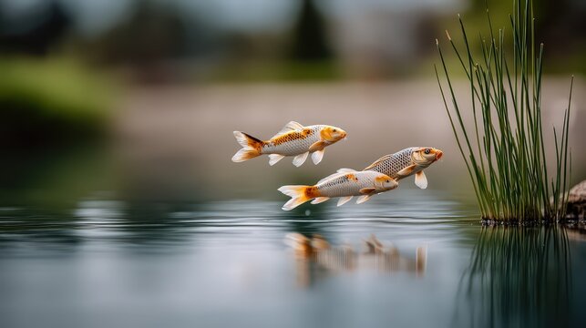 Koi fish swim in clear water with ripples, showcasing scales and fins while surrounded by green grasses in the background