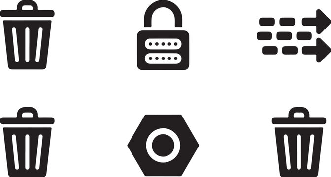 Set of black flat icons featuring trash bin lock arrow and hexagonal nut symbols for web design