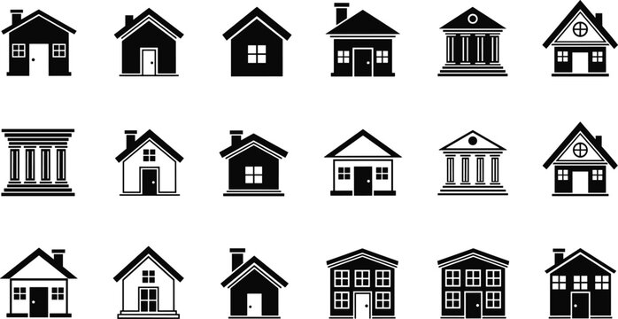 Black and white building and house icon collection featuring diverse architectural styles including duplexes, classical structures and gabled roofs