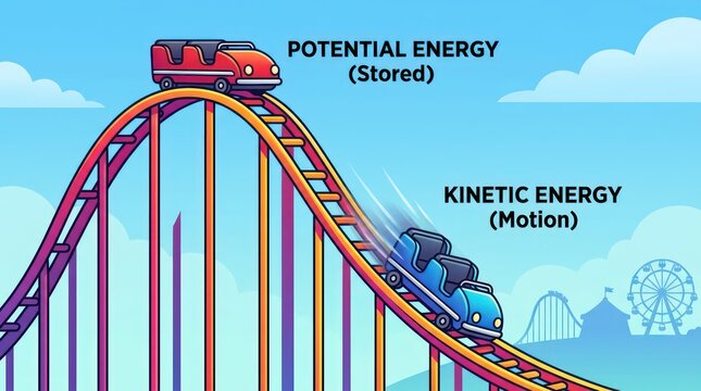 Illustration of Potential and Kinetic Energy in Roller Coaster Ride.