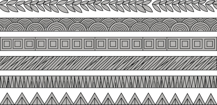 Black and white decorative border patterns featuring chevron, scalloped arcs, nested squares, diagonal hatching, textured strokes and zigzag triangles