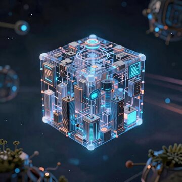 Sci fi style high resolution image glowing ai powered cube floating above city symbolizing
