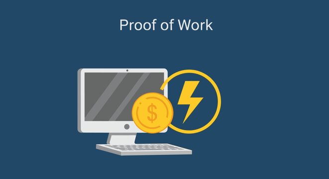 Flat minimalist illustration of proof of work concept crypto bitcoin