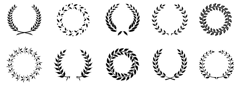 Vintage set of vector silhouettes featuring floral wreaths, laurel branches, and olive leaf ornaments for decorative tattoo design and symbolic frame illustrations