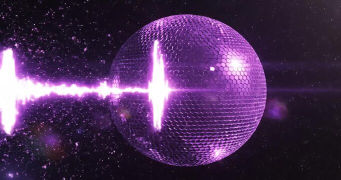 Vibrant purple soundwave visual with a reflective sphere, creating a dynamic atmosphere