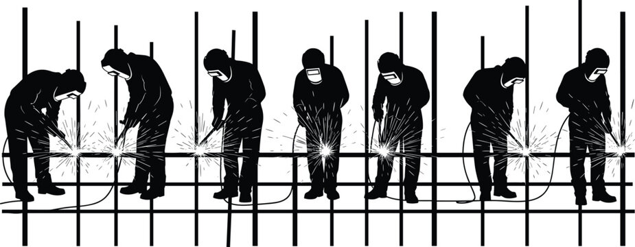Black and white silhouette illustration of industrial workers welding on construction beams with sparks showing active metalwork process