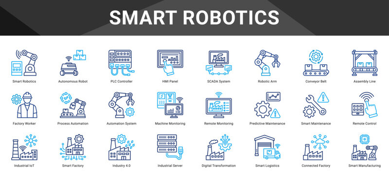 SMART ROBOTICS  Icon set collection. Vector icon pack featuring thematic icons for your presentations or business.