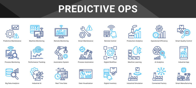 PREDICTIVE OPS  Icon set collection. Vector icon pack featuring thematic icons for your presentations or business.