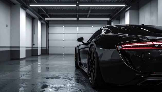 Sleek Black Sports Car Gleaming in a Modern Garage Interior.