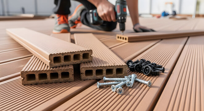 Installing composite decking boards on backyard patio | Professional deck construction with WPC materials | Wood plastic composite terrace installation tools | Outdoor renovation project with drill