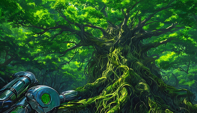 Cyborg tree with parts of organic and mechanical wood, fusion between plants and engineering, tree with parts of organic and mechanical wood, fusion between plants and engineering