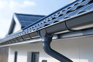 Naklejka premium A close view shows a modern rain gutter installed along a residential roofline with clean architectural detail. Roofing, drainage, and exterior home construction define the image.