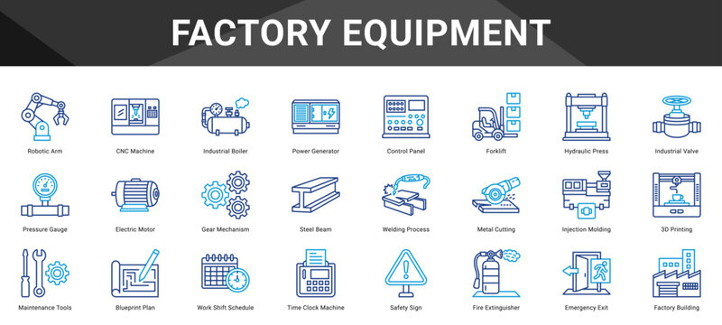 FACTORY EQUIPMENT  Icon set collection. Vector icon pack featuring thematic icons for your presentations or business.