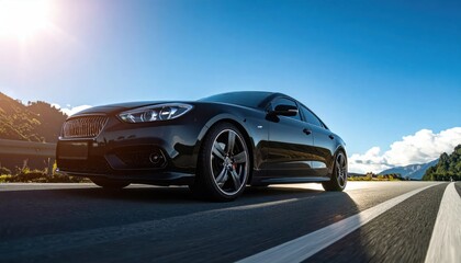 Fototapeta premium Sleek Black Sports Car Driving on Scenic Highway Under Bright Sunny Sky.