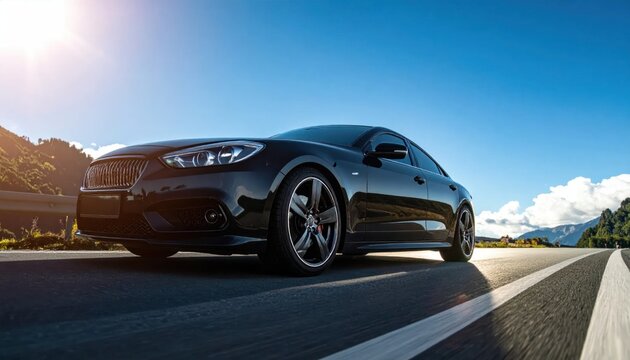 Sleek Black Sports Car Driving on Scenic Highway Under Bright Sunny Sky.