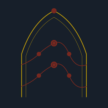 Minimalist gothic arch illustration with dark academia aesthetic featuring golden lines and red floral rose