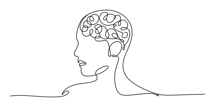Continuous single line drawing of human head with brain