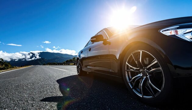 Sleek Black Car Driving on Scenic Highway Under Bright Sunny Sky.