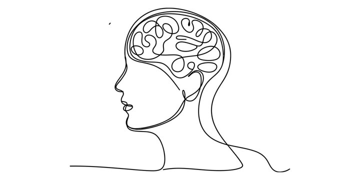 Continuous one line drawing of a human head and brain